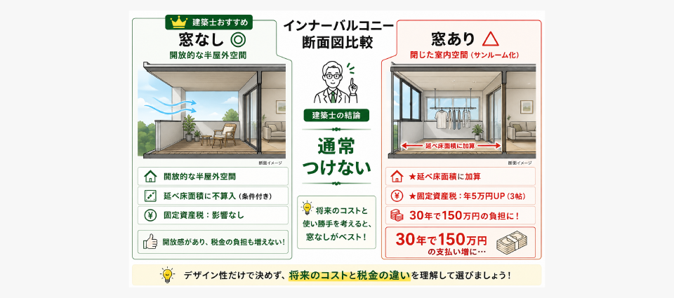 インナーバルコニーに窓をつけるデメリット──建築士の結論は「通常つけない」
