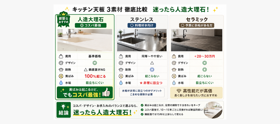 素材別比較──人造大理石 vs ステンレス vs セラミック