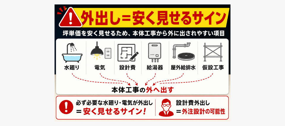 水廻り・電気の外出しは「安く見せる」サイン