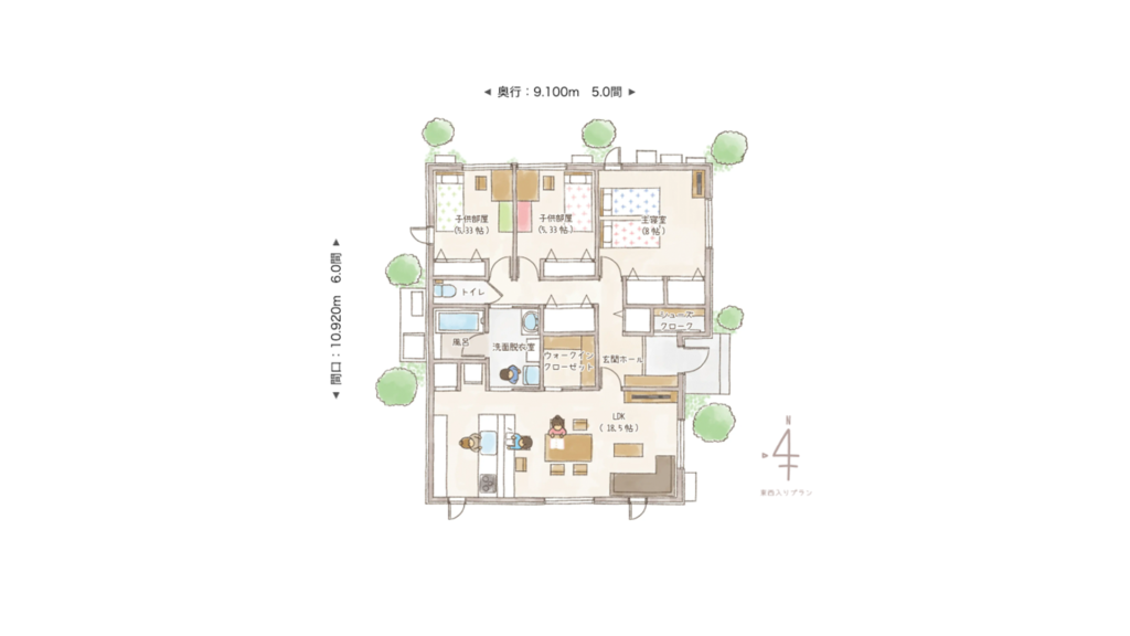 東西向きの平屋3LDK　平面図