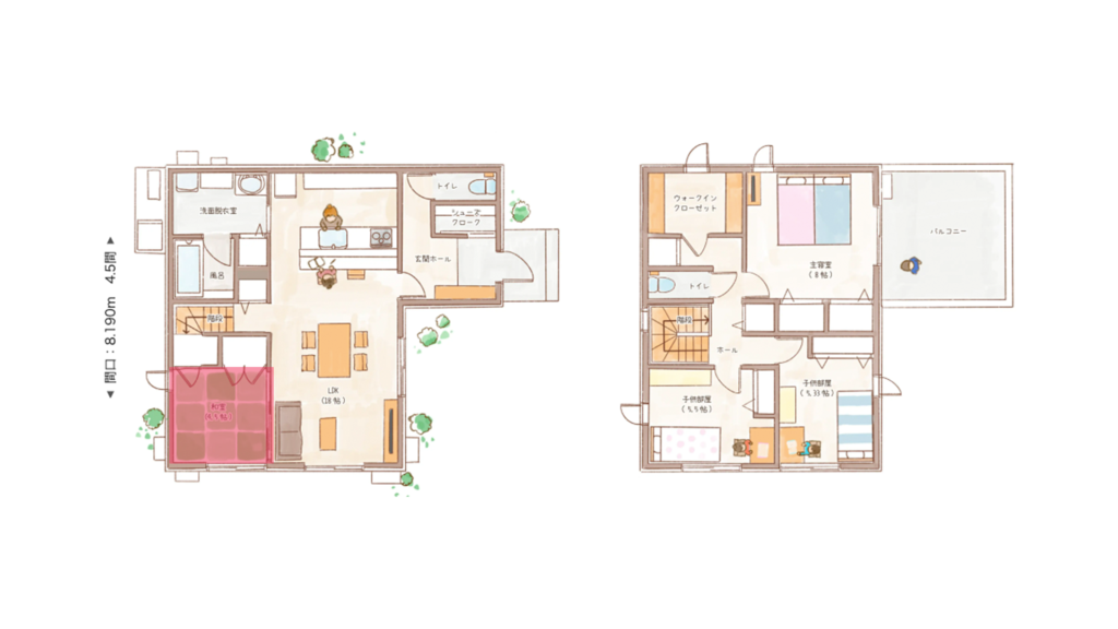 東西向きの2階建て4LDK　平面図