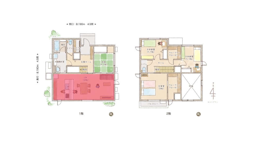 北向きの2階建て4LDK　平面図
