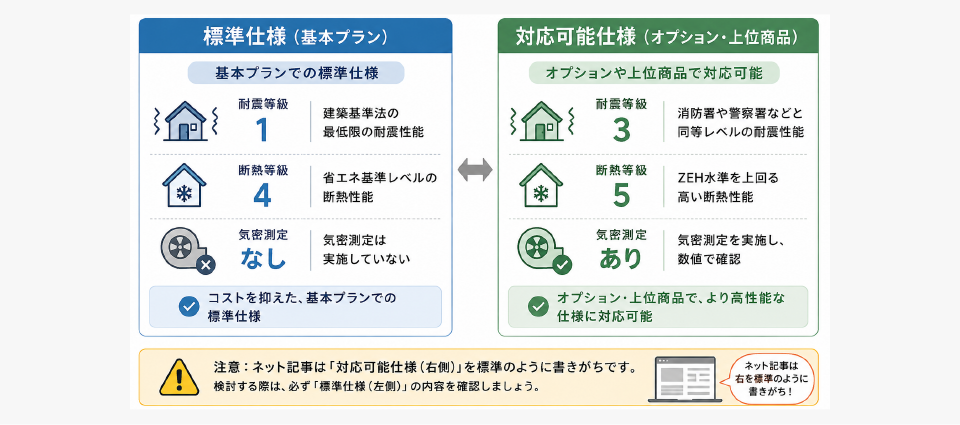 ②標準仕様の性能が物足りない——標準は耐震等級1・断熱等級4