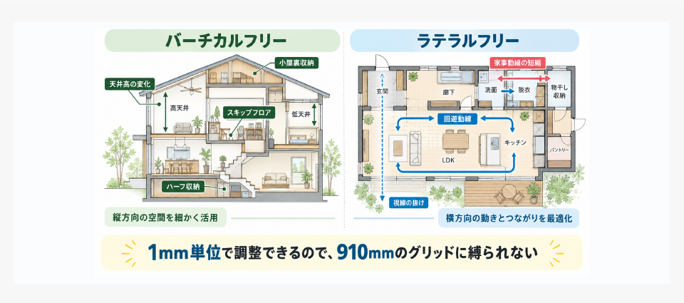 アイ工務店の設計手法バーチカルフリーとラテラルフリーの図解