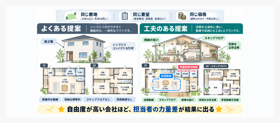 同じ条件でも担当者によって間取りの提案が変わることを示した比較図