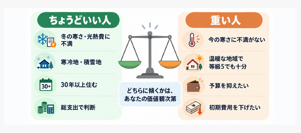 アイ工務店の高性能がちょうどいい人と、重く感じる人の違いを示した図